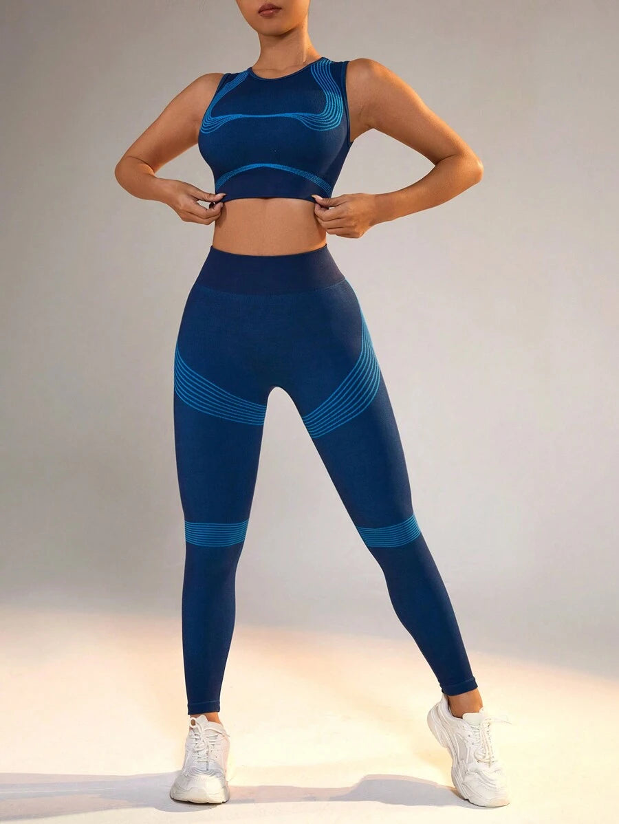 SHEIN Sport Studio Color Block Elastic And Breathable Vest And Leggings Sports Set | SHEIN USA