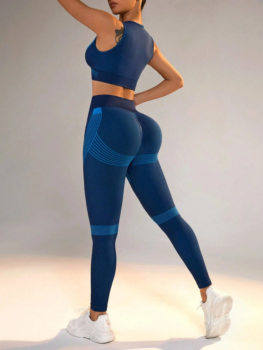 SHEIN Sport Studio Color Block Elastic And Breathable Vest And Leggings Sports Set | SHEIN USA