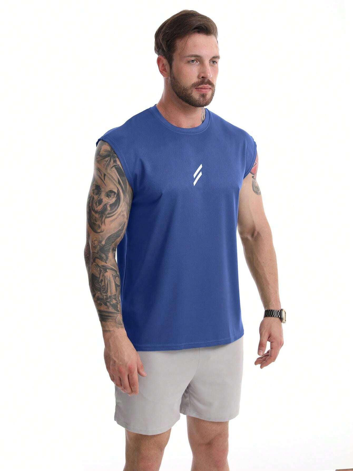 Franela sin Mangas de Hombre color Azul /Secado Rapido, Estampado Blanco