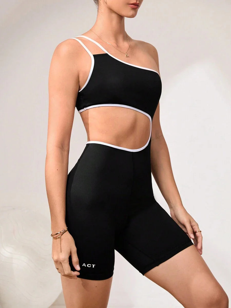 Body Corto de Mujer color Negro /Abertura en el Abdómen, Costura Blanca