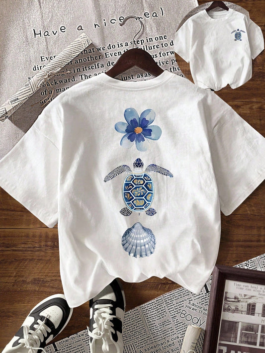 Franela Manga Corta de Mujer color Blanco /Estampado Tortuga